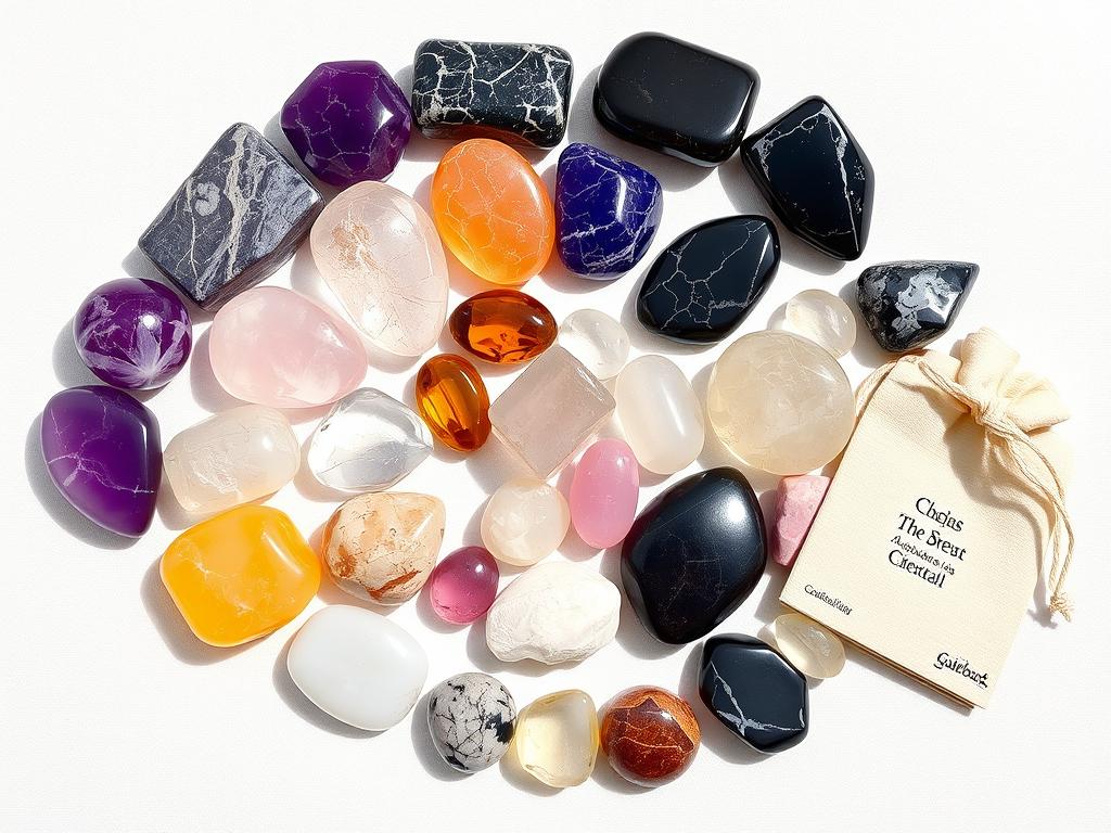 15-piece crystal healing stones set with amethyst, rose quartz, clear quartz and other healing crystals arranged in a circle