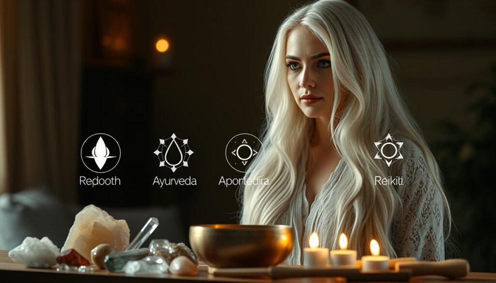 A beautiful woman with long, flowing white hair stands in a serene, dimly lit room, her gaze pensive as she contemplates the different healing modalities before her. In the foreground, an array of natural elements - crystals, incense, and a small Tibetan singing bowl - create a tranquil atmosphere. The middle ground features symbolic representations of acupuncture, Ayurveda, and Reiki, each with their distinct visual cues. The background is softly blurred, allowing the viewer to focus on the woman's introspective expression and the interplay of the healing modalities. The lighting is warm and diffused, conveying a sense of introspection and spiritual enlightenment.