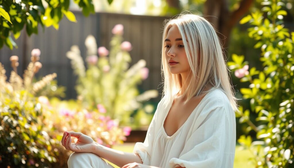 A beautiful young woman with waist-length silver-white hair sits in a sunlit, serene meditation garden, contemplating her options for alternative therapies. She is dressed in a soft white linen shift, surrounded by lush, verdant foliage and the gentle glow of natural light. Her expression is one of quiet introspection as she weighs the pros and cons of various holistic healing modalities like acupuncture, Ayurveda, and Reiki. The tranquil atmosphere evokes a sense of calm and clarity, inviting the viewer to join her in her search for the right therapeutic path forward.
