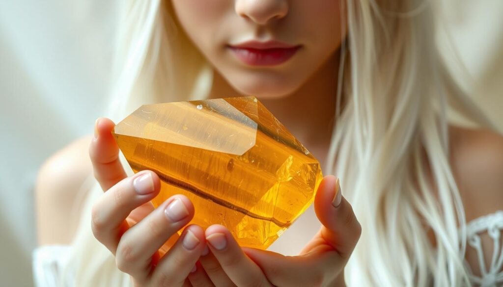 A close-up shot of a Tigers Eye crystal, its rich honey-colored bands glistening under warm, diffused lighting. The crystal is held in the delicate hands of a slim girl with long, flowing white hair, her serene expression conveying the stone's soothing, protective energy. The background is soft and ethereal, hinting at the crystal's mystical healing properties. The composition emphasizes the crystal's intricate details, inviting the viewer to feel its calming presence and appreciate its transformative power.