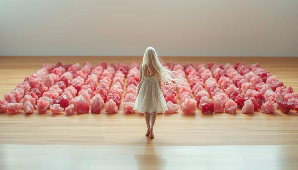 A delicate grid of vibrant Rhodonite crystals resting on a smooth, polished wooden surface. The crystals' soft pink hues cast a warm, soothing glow, illuminated by a gentle, diffused light from overhead. Positioned in the foreground, a slim, graceful figure with flowing white hair stands, her flowing dress complementing the dreamlike atmosphere. The crystals seem to emanate a serene, calming energy, inviting contemplation and healing. The scene is captured from a slightly elevated angle, emphasizing the harmony and balance of the Rhodonite grid. A tranquil, meditative ambiance permeates the space, reflecting the restorative properties of this beautiful crystal.