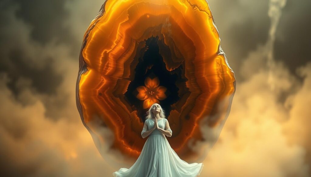 A mesmerizing close-up of a tigers eye crystal, its swirling layers of golden and amber hues radiating a captivating, otherworldly glow. Surrounding the gemstone, a serene white-haired woman in a flowing, ethereal dress stands in a meditative pose, her eyes closed as she channels the stone's spiritual energies. Soft, diffused lighting bathes the scene in a warm, tranquil ambiance, creating an atmosphere of profound introspection and inner reflection. The composition emphasizes the symbiotic connection between the tigers eye and the woman, their shared energies manifesting a profound sense of courage, protection, and enlightenment.