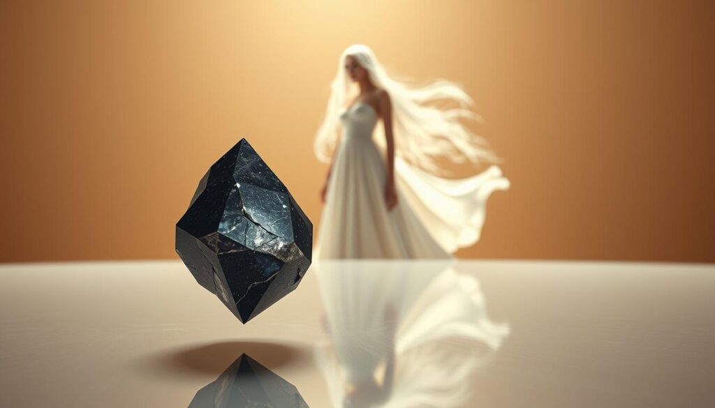 A mesmerizing hematite crystal, its magnetic allure radiating with a captivating glow, hovers in the foreground, casting a subtle reflection on the smooth, glossy surface below. The crystal's facets shimmer under soft, diffused lighting, accentuating its natural beauty. In the middle ground, a serene, ethereal figure with long, flowing white hair appears, gazing intently at the magnetic hematite, her elegant dress billowing gently as if caught in a tranquil breeze. The background is bathed in a warm, soothing palette, creating a sense of calm and focus, complementing the healing properties of the hematite crystal.