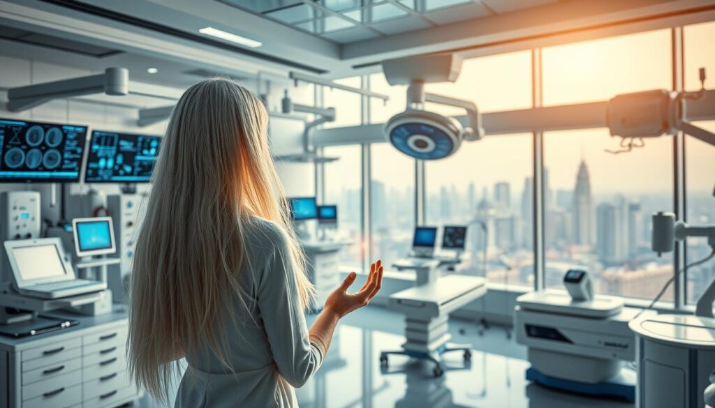 A modern medical facility filled with state-of-the-art equipment and cutting-edge therapies. In the foreground, a beautiful woman with long, flowing white hair practices energy healing, her hands emanating a soft, ethereal glow. The middle ground showcases various medical devices, from diagnostic screens to robotic surgical arms, all bathed in a cool, clinical lighting. In the background, a panoramic window overlooks a bustling cityscape, the skyline reflecting the rapid advancements of modern medicine and technology. The scene conveys a harmonious blend of traditional energy healing and the latest innovations in healthcare, suggesting a future where these two modalities coexist and complement each other.