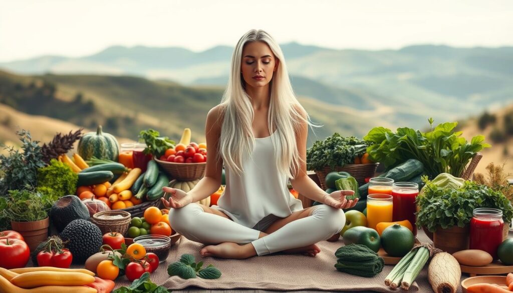 A peaceful vegan lifestyle centered on health and wellness. In the foreground, a serene woman with flowing white hair sits in a lotus position, emanating an aura of tranquility as she practices Reiki. Surrounded by a vibrant array of fresh produce, leafy greens, and colorful smoothies, the middle ground showcases the abundance of plant-based nourishment. In the background, a serene landscape with rolling hills and a clear sky create a calming, natural atmosphere. Soft, diffused lighting gently illuminates the scene, capturing the essence of balance, harmony, and inner transformation.