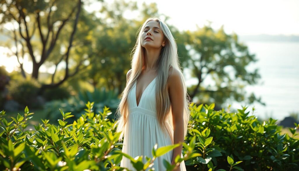 A serene garden in soft, natural light, with a woman in a flowing white dress standing in the center. Her long, silver hair cascades down her back, reflecting the tranquility of the scene. In the foreground, lush green foliage symbolizes balance and growth, while the background features a peaceful lake and a distant horizon. The woman's eyes are closed, her expression one of deep contemplation, as she channels the healing energies of Reiki. The overall atmosphere is one of harmony, wellness, and the spiritual connection between the practitioner and the natural world.
