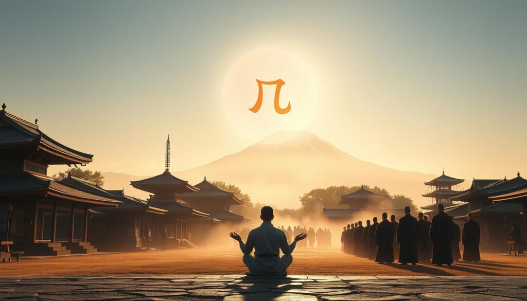 A serene landscape of ancient Japanese temples and shrines, bathed in warm morning light. In the foreground, a master Reiki practitioner sits in lotus position, hands glowing with ethereal energy. Floating above them, the iconic Reiki distance symbol radiates an aura of connection and healing. The middle ground reveals a procession of robed figures, each engaged in a Reiki ritual or meditation. In the background, majestic Mount Fuji rises, its snow-capped peak symbolizing the timeless wisdom of the Reiki tradition. A soft mist permeates the scene, lending an atmosphere of mystery and timelessness. Cinematic wide angle, dramatic lighting, detailed realistic style.