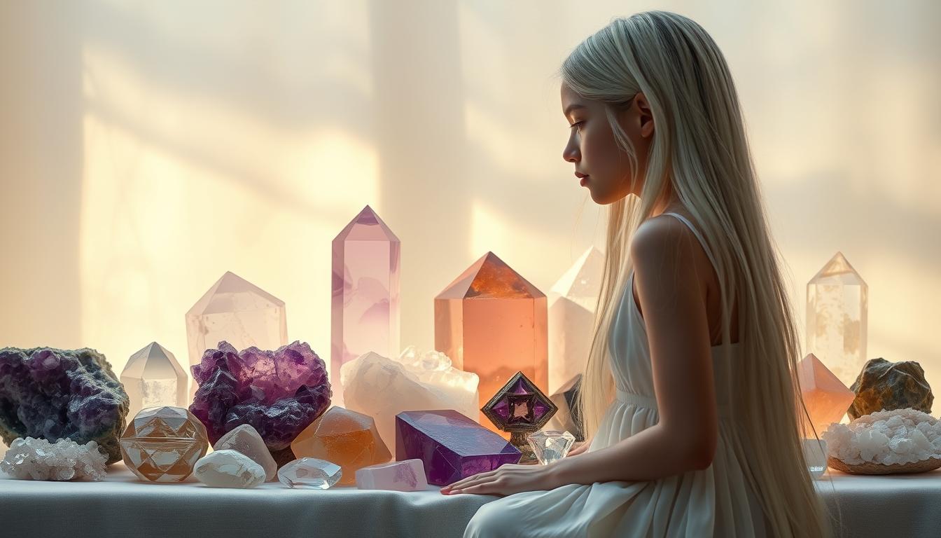 A serene still life arrangement of various healing crystals, including amethyst, rose quartz, and clear quartz, set against a soft, ethereal background. The crystals are illuminated by warm, natural lighting, casting gentle shadows and reflections. In the foreground, a slim girl with long white hair, wearing a flowing dress, gazes contemplatively at the crystals, as if in a dreamlike state. The overall atmosphere is calming, tranquil, and imbued with a sense of inner peace and healing.