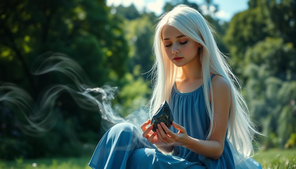 A slim girl with long white hair, wearing a flowing blue dress, sits in a serene garden. She holds a hematite crystal in her hands, its dark metallic shine reflecting the gentle sunlight. Soft tendrils of mist swirl around her, creating an ethereal atmosphere. The girl's eyes are closed, her expression one of deep contemplation and emotional healing. In the background, a lush forest provides a verdant backdrop, while wispy clouds drift across the sky, casting soft shadows. The scene evokes a sense of inner peace, harmony, and the transformative power of the hematite crystal.