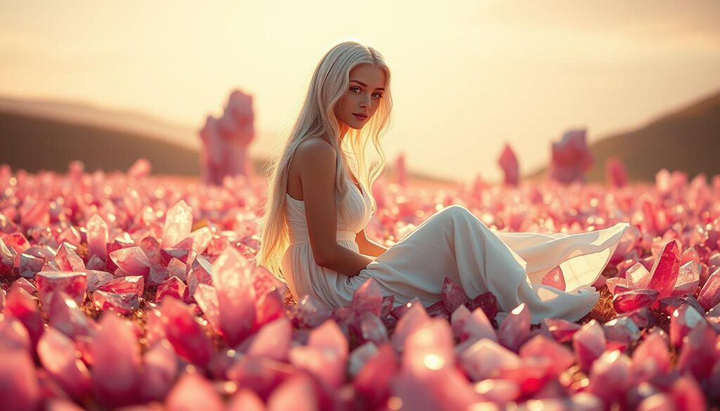 A slim girl with long white hair, wearing a flowing white dress, sits amidst a vibrant field of rhodonite crystals. The scene is bathed in a warm, golden light, creating a dreamlike atmosphere. The crystals are scattered across the foreground, their pink hues reflecting the girl's serene expression. In the middle ground, more rhodonite formations emerge, their intricate shapes and patterns creating a sense of depth. The background features a soft, hazy landscape, blending into the horizon. The overall mood evokes the healing and restorative properties of rhodonite, symbolizing its connection to love and relationships.