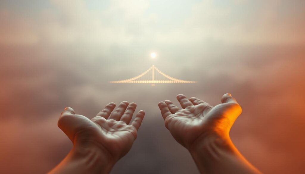 A soft, ethereal energy field pulsing with light, enveloping two hands reaching across an expanse. The foreground features detailed palms and fingers, bathed in a warm, ambient glow. The middle ground depicts an abstract, shimmering bridge connecting the hands, representing the Reiki distance symbol. In the background, a hazy, dreamlike landscape with subtly shifting hues and muted tones, conveying a sense of boundless, transcendent space. The overall mood is one of tranquility, connection, and the ability to send healing energy across any distance.