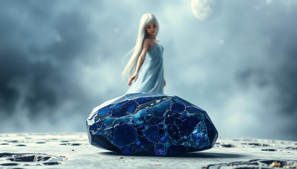 A visually striking iolite stone, with its deep blue-violet hues, sits prominently in the foreground. The lighting is soft and diffused, highlighting the gem's natural beauty and intricate patterns. In the middle ground, a slim girl with long white hair, wearing a flowing dress, gently reaches out to touch the stone, as if drawn to its mystical energy. The background is hazy and dreamlike, with a sense of cosmic vastness, alluding to the iolite's connections to the zodiac and intuitive powers. The overall mood is one of tranquility, contemplation, and a subtle hint of the supernatural. A visually striking iolite stone, with its deep blue-violet hues, sits prominently in the foreground. The lighting is soft and diffused, highlighting the gem's natural beauty and intricate patterns. In the middle ground, a slim girl with long white hair, wearing a flowing dress, gently reaches out to touch the stone, as if drawn to its mystical energy. The background is hazy and dreamlike, with a sense of cosmic vastness, alluding to the iolite's connections to the zodiac and intuitive powers. The overall mood is one of tranquility, contemplation, and a subtle hint of the supernatural.