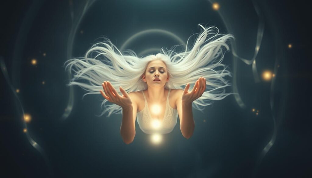 A woman with flowing white hair floats serenely, surrounded by a halo of ethereal energy. Her hands glow with a soft, pulsing light as she channels the universal life force, visualizing its flow through the body's chakras. The background fades into a realm of mystical abstraction, illuminated by shimmering orbs and translucent ribbons of light. The lighting is soft and diffused, creating an atmosphere of tranquility and spiritual connection. Captured with a wide-angle lens, the scene conveys the holistic nature of energy healing, where the practitioner becomes a conduit for the harmonization of mind, body, and spirit.