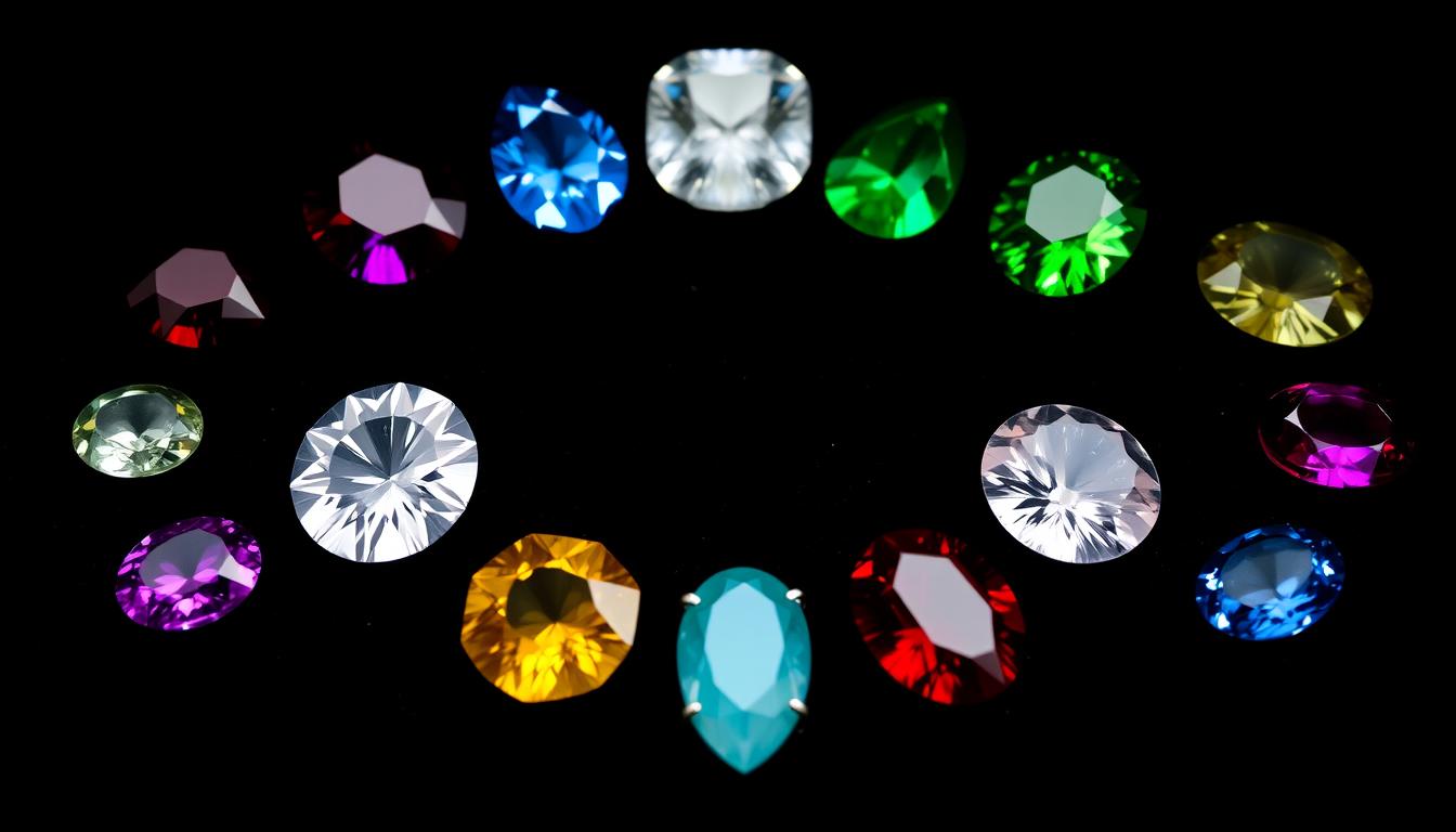 Collection of colorful birthstones & zodiac gemstones arranged in a circle pattern