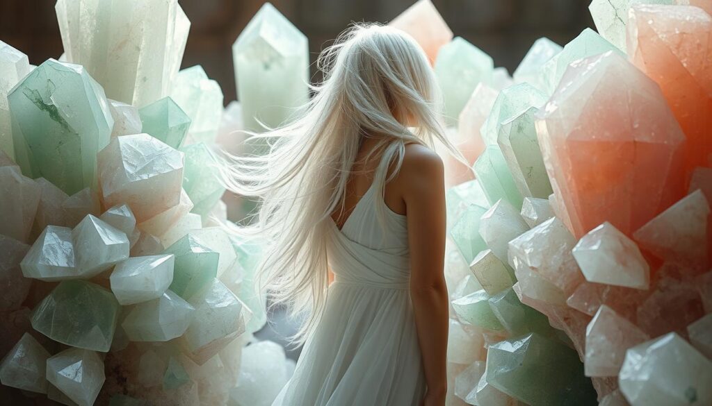Ethereal woman with flowing white hair stands amidst a glimmering unakite crystal formation, its green and pink hues reflecting a serene, harmonious mood. Soft, diffused lighting bathes the scene, creating an atmosphere of tranquility and inner balance. The crystal's intricate patterns and gentle curves draw the eye, symbolizing the rejuvenating properties of unakite for relationships and social connection. A sense of grounded spirituality and personal growth pervades the image, inviting the viewer to experience the soothing, stabilizing power of this unique gemstone.