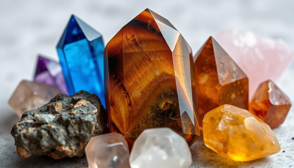 Generate an image of Tigers Eye crystal paired with other crystals.