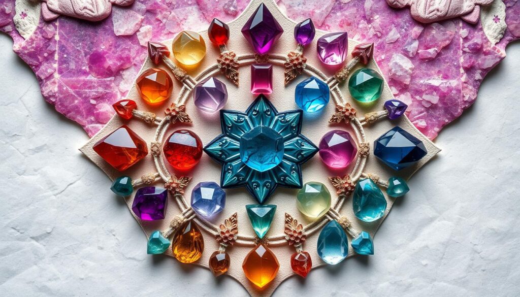 Generate an image of a crystal grid with various stones arranged in a geometric pattern. Generate an image of a crystal grid with various stones arranged in a geometric pattern.