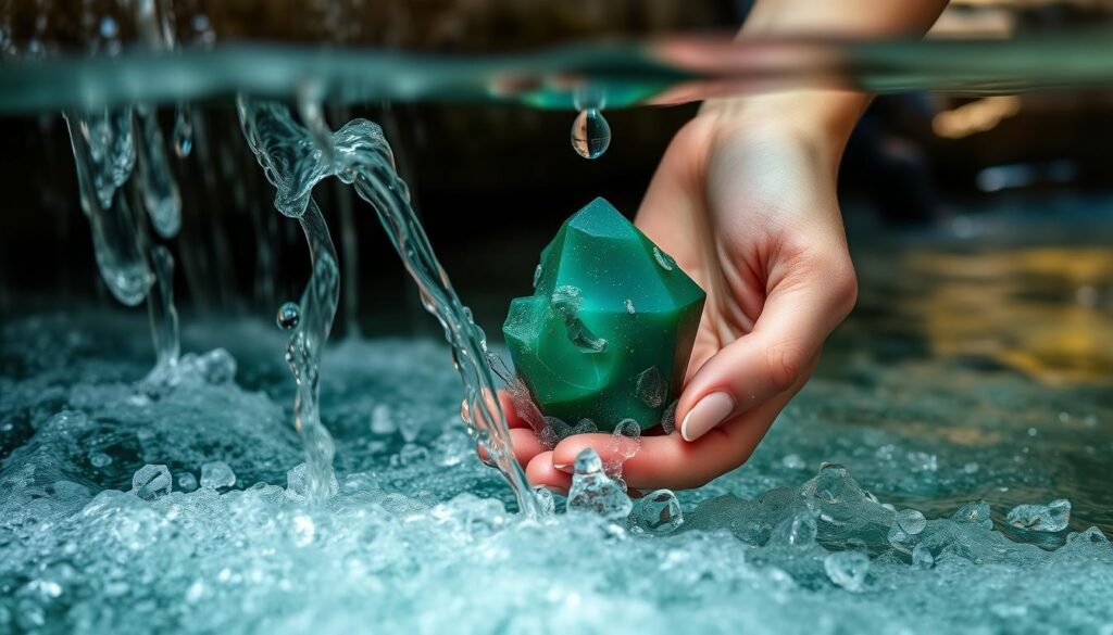 Generate an image of a person holding Unakite crystal under running water