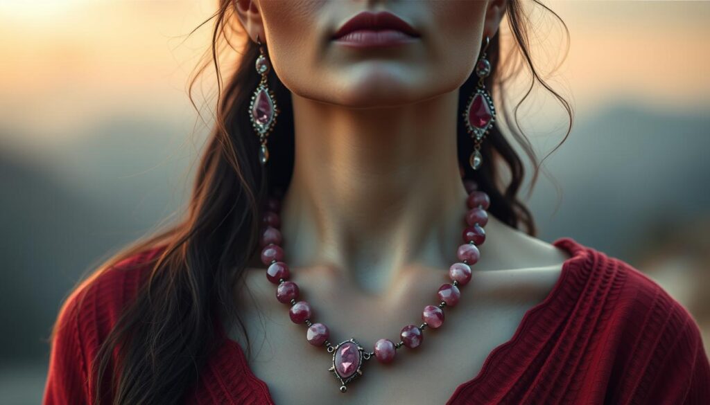 Generate an image of a person wearing Rhodonite jewelry, with a gentle, loving background that represents emotional healing.