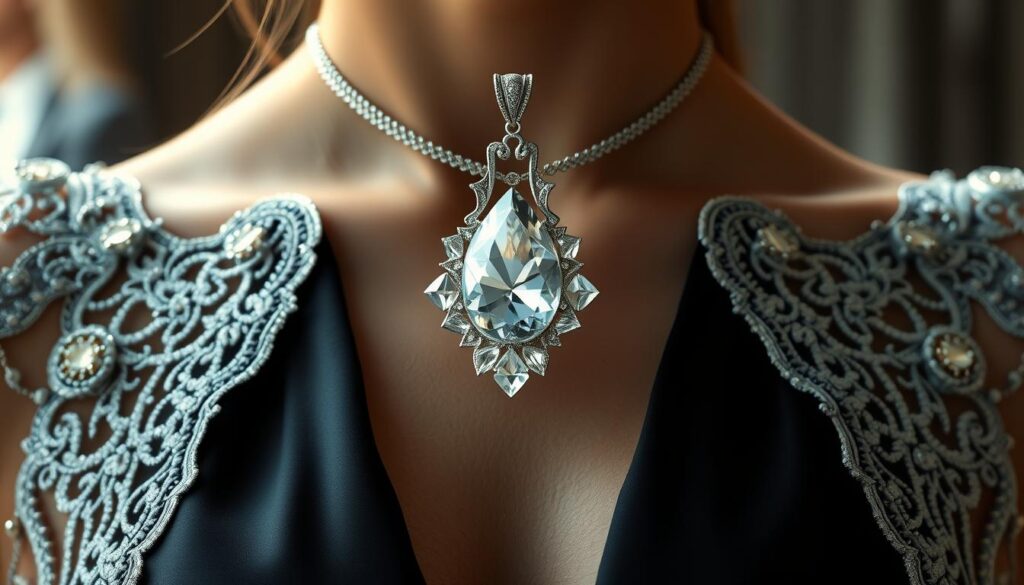 Generate an image of a person wearing a beautiful crystal pendant necklace. Generate an image of a person wearing a beautiful crystal pendant necklace.