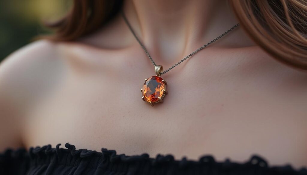 Generate an image of a person wearing a tangerine quartz pendant.