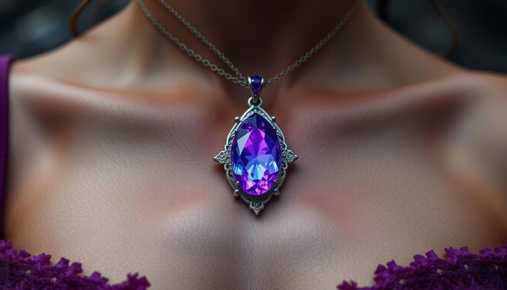 Generate an image of a person wearing an iolite pendant, showcasing its captivating colors and spiritual energy. Generate an image of a person wearing an iolite pendant, showcasing its captivating colors and spiritual energy.