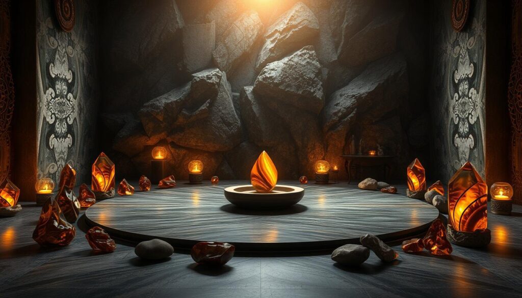 Generate an image of a serene meditation environment with Tigers Eye crystals placed around.