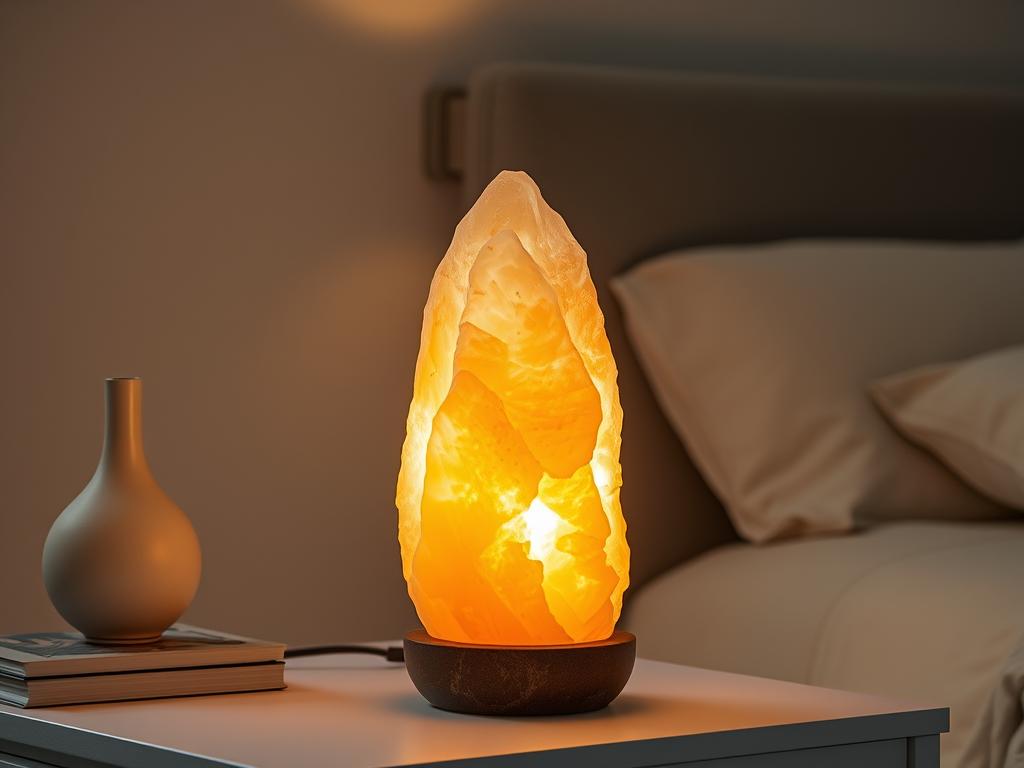 Himalayan Glow Selenite Crystal Lamp emitting soft amber light on a bedside table with minimal decor