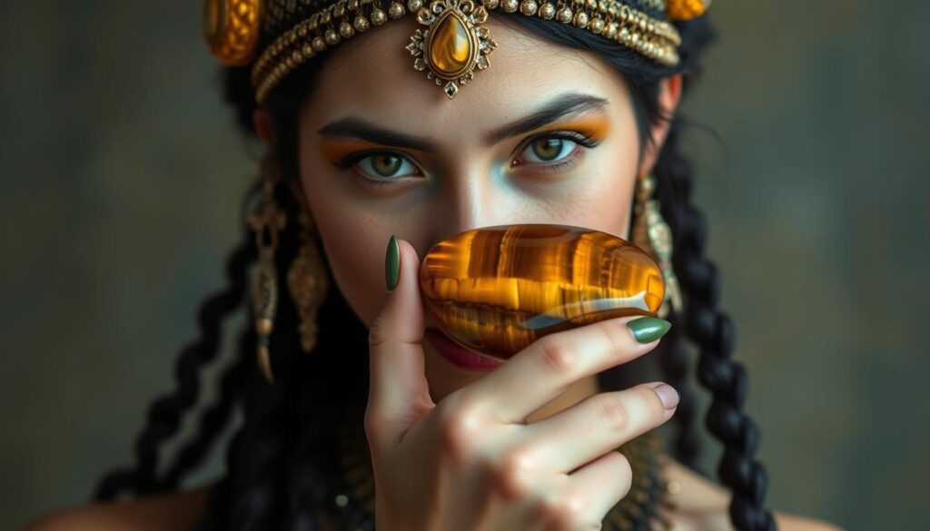 Image of a person wearing Tigers Eye jewelry or holding a Tigers Eye stone