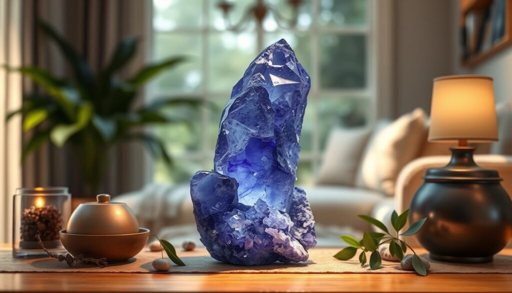 Image of iolite crystal placed in a serene home decor setting Image of iolite crystal placed in a serene home decor setting