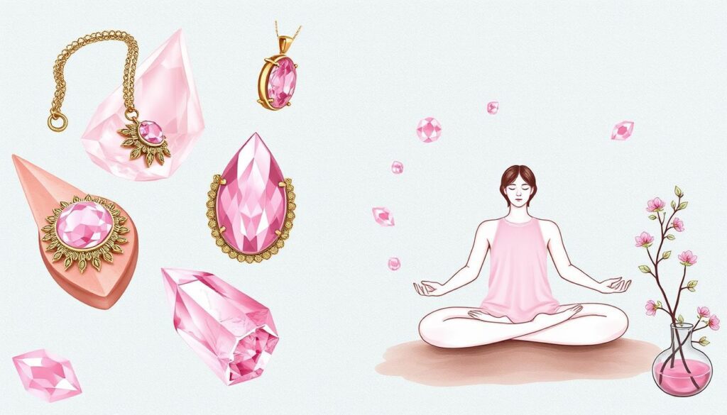 Image of rose quartz being used in daily life, such as in jewelry or during meditation