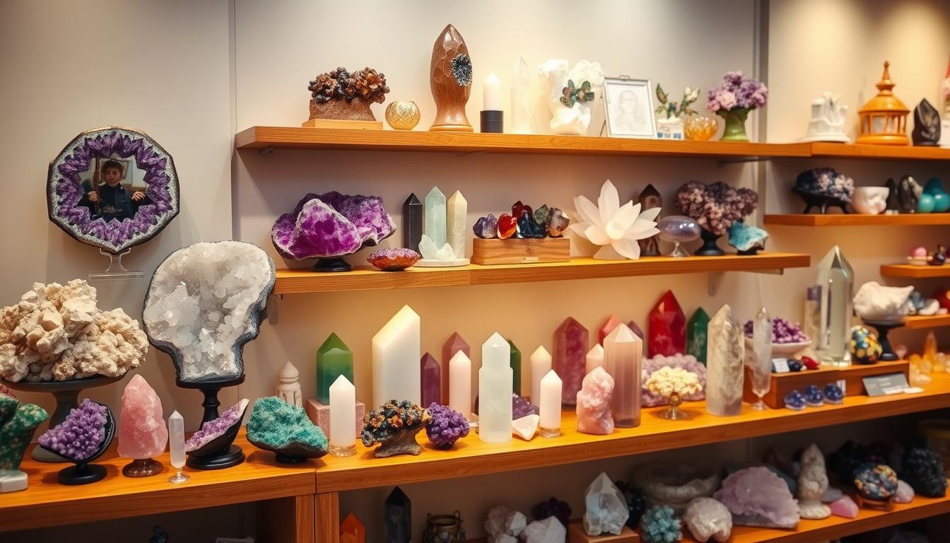 Various crystals and gemstones displayed at a Mountlake Terrace, WA Crystal Shop