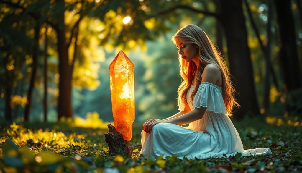 Vibrant tangerine quartz crystal, its gentle glow illuminating a serene forest glade. A slim, ethereal figure in a flowing white dress sits cross-legged, her long hair cascading around her as she gazes intently at the crystal, its energy infusing her with creativity and passion. Soft golden light filters through the verdant canopy, casting a warm, dreamlike ambiance. The crystal's facets glimmer, reflecting the girl's focused expression, her mind attuned to the stone's healing properties. A sense of tranquility and inspiration pervades the scene, inviting the viewer to connect with the power of this remarkable gemstone.