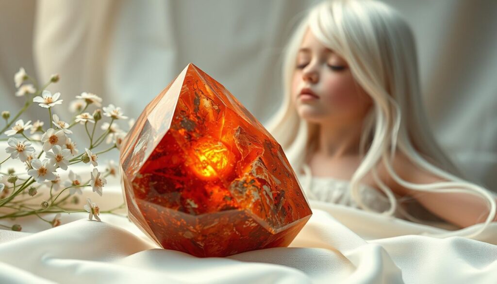 A close-up shot of a mesmerizing, faceted red jasper crystal, its vibrant hues and intricate patterns casting a warm, calming glow. The crystal is poised on a white silk cloth, surrounded by delicate white flowers and a slim girl with long white hair wearing a flowing, ethereal dress, her eyes closed as she dreams of the crystal's healing properties - stability, endurance, and a grounding connection to the earth. Soft, diffused lighting illuminates the scene, creating an atmosphere of serene contemplation.