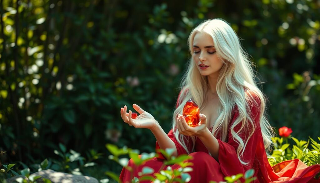 A serene female figure with long flowing white hair, delicately draped in a flowing red dress, sits peacefully amidst a lush garden. She holds a glimmering red jasper crystal in her hands, its warm glow illuminating her tranquil expression. The background is softly blurred, allowing the focus to remain on the crystal's soothing presence and its connection to the subject's emotional well-being. Natural sunlight filters through the verdant foliage, creating a calming, romantic atmosphere. The scene evokes a sense of harmony, stability, and the rejuvenating power of this crystal's healing properties, particularly in matters of love and relationships.