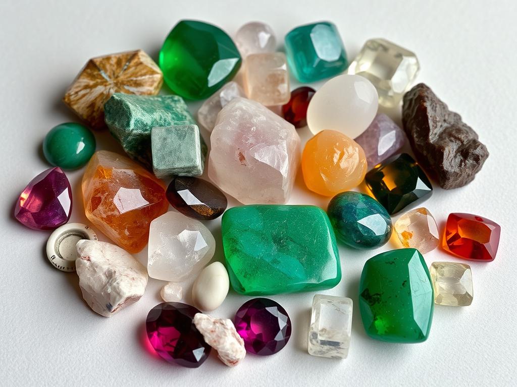 A collection of polished gemstones and crystals from North Carolina arranged for sale