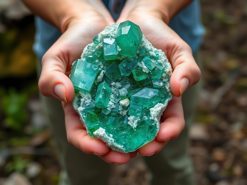 A rockhound examining emerald specimens found while rockhounding in North Carolina