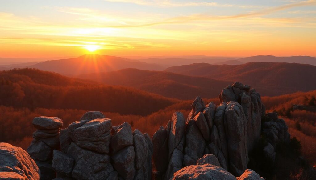 A scenic sunset view of rockhounding locations in the Blue Ridge Mountains of North Carolina