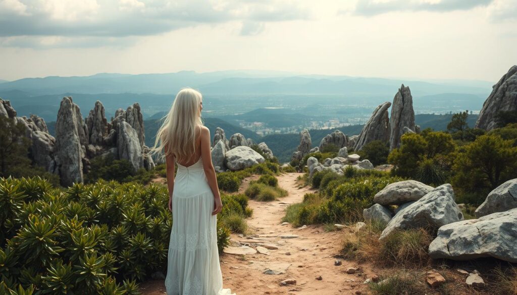 A serene landscape of rocky outcroppings, with a winding path leading through lush, verdant foliage. In the foreground, a slender woman with flowing white hair, dressed in a long, lace-trimmed gown, stands in contemplation, her gaze fixed on the captivating geological formations. Soft, diffused lighting illuminates the scene, casting a warm, dreamlike atmosphere. The middle ground features diverse rock types, from shimmering quartz to weathered boulders, hinting at the hidden treasures waiting to be discovered by the avid rockhound. In the distance, a panoramic vista of rolling hills and distant mountains, suggesting a wealth of unexplored rockhounding locations. The composition conveys a sense of tranquility, wonder, and the allure of the natural world.