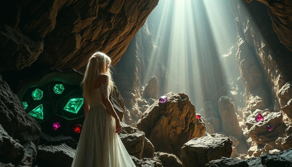 A striking, hyper-detailed scene showcasing famous gemstones nestled within their natural host rocks. In the foreground, a slender woman with flowing white hair, draped in a long lace gown, stands transfixed, gazing upon the gems. The middle ground reveals an array of lustrous stones - emeralds, rubies, and diamonds - embedded in rugged, textured rock formations. Dramatic, dramatic, low-angle lighting casts dramatic shadows, evoking a sense of mystery and wonder. The background depicts a grand, cavernous setting, with towering, craggy walls and shafts of ethereal light streaming in. An atmosphere of awe and discovery pervades the scene.