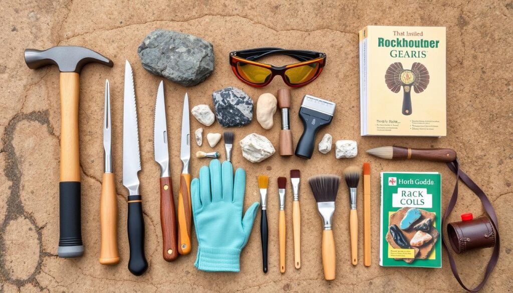 Essential rockhounding gear laid out including hammers, chisels, and safety equipment for rockhounding in North Carolina