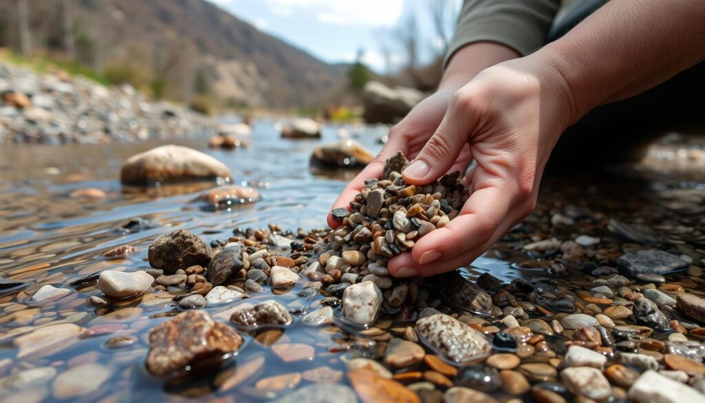 Rockhounding techniques being demonstrated in a North Carolina stream bed