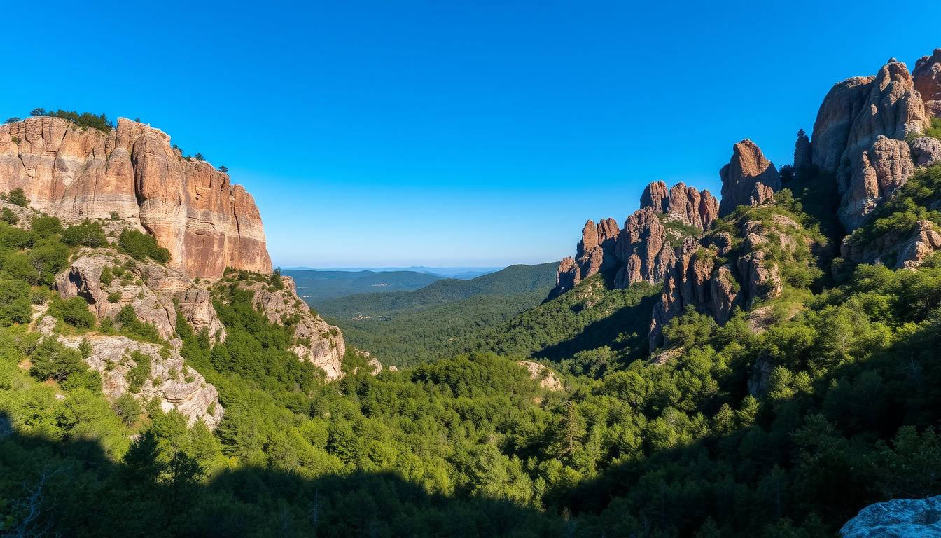 Scenic view of rockhounding area in Arkansas with crystal-rich mountains