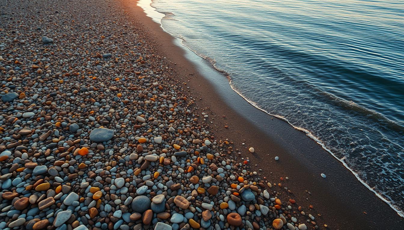 Sunrise over Lake Superior beach with colorful agates and rocks scattered along the shoreline for rockhounding in Michigan