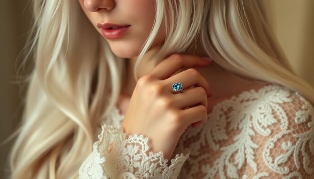 A close-up shot of a delicate birthstone ring, featuring a round-cut gemstone in the wearer's birthstone color, set in a slender band of polished sterling silver. The ring is worn on the hand of a youthful woman with long, flowing white hair, dressed in a floor-length lace gown, capturing the essence of the article's "Top Tips to Choose Meaningful Pieces That Shine." Soft, diffused lighting casts a warm, romantic glow, highlighting the intricate details of the jewelry and the serene, thoughtful expression of the model.