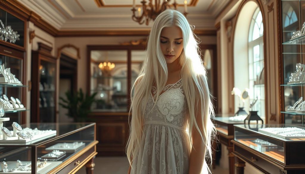 A detailed, high-resolution image of a serene, sun-dappled jeweler's showroom, with a young woman in a flowing white lace dress standing at the center, surrounded by elegant glass display cases showcasing an array of glittering gemstones and jewelry. The lighting is warm and inviting, casting a soft glow over the scene. The woman's long, white hair frames her face as she examines a piece of jewelry, capturing the essence of the "National Association of Jewelers and 20th-Century Updates" section of the article. The background features tasteful decor and architectural details that evoke a sense of timeless sophistication.