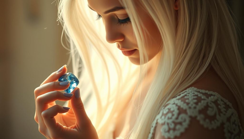A mesmerizing close-up portrait of a slender, ethereal woman with long flowing white hair, draped in a delicate lace gown. Her eyes are closed, her expression serene, as she holds a stunning blue sapphire, its vivid hues reflecting the deep, soothing tones of the gemstone. Warm, diffused lighting bathes the scene, creating a tranquil, dreamlike atmosphere. The background is softly blurred, placing the focus entirely on the woman's captivating connection with the captivating blue sapphire, a symbol of Virgo's earthy elegance and healing properties.