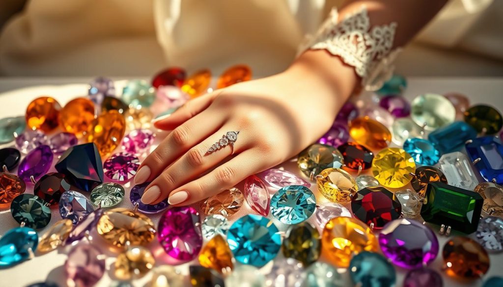 A radiant array of glimmering gemstones, each a unique birthstone, arranged in an elegant still life composition. Soft natural lighting casts a warm, inviting glow across the scene, revealing the vivid colors and intricate facets of the stones. A slender, graceful hand wearing a delicate lace dress gently rests amidst the gems, highlighting their beauty and desirability. The serene, sophisticated atmosphere evokes a sense of timeless allure, perfectly capturing the essence of the "Best Sellers, Editor's Picks, and Back-in-Stock Alerts" section.