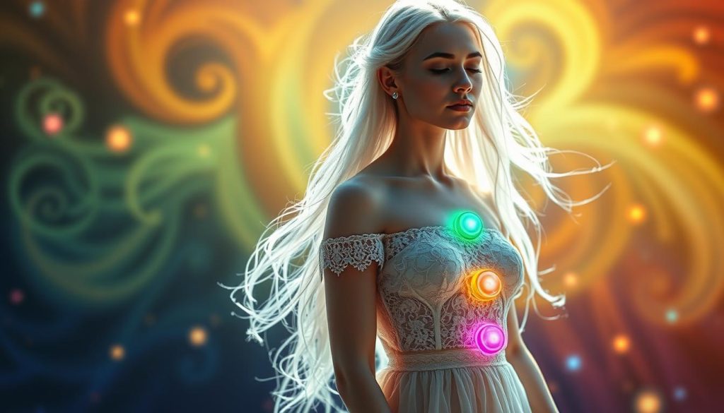 A serene, ethereal energy field of swirling chakra colors - deep red, vibrant orange, sunshine yellow, calming green, serene blue, indigo, and radiant violet - emanating from the body of a young woman with long, flowing white hair dressed in a delicate lace gown. The chakras are visible as glowing orbs pulsing with spiritual energy, creating a mesmerizing aura around her. The scene is bathed in soft, natural light, capturing the tranquil, meditative essence of Virgo's birthstone alignment.