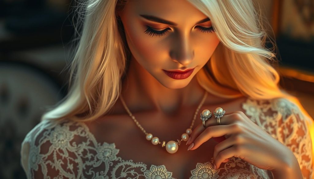 A serene, ethereal image of a young woman with cascading white hair, adorned in a delicate lace dress, gazing intently at a pair of exquisite jewelry pieces. The birthstone of Cancer - a shimmering pearl necklace and a matching cocktail ring - rests gently upon her skin, emanating a soft, soothing glow. The scene is bathed in a warm, ambient light, creating an atmosphere of tranquility and introspection. Subtle details, such as the intricate lace patterns and the woman's serene expression, add depth and character to the composition. This image captures the essence of embracing one's astrological identity through the artful display of birthstone jewelry.